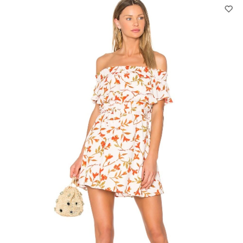 Lovers + Friends Suntime Dress - Palm Print Size Medium Bardot off-the-shoulder
